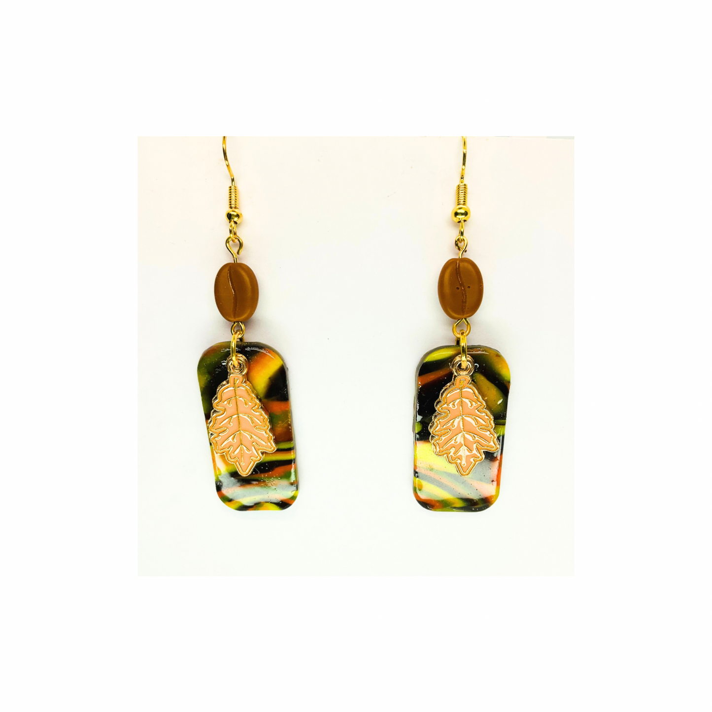 Fall Collection Rectangle with Yellow Gold Leaf Charm Dangle Earring - Unique Design Earrings
