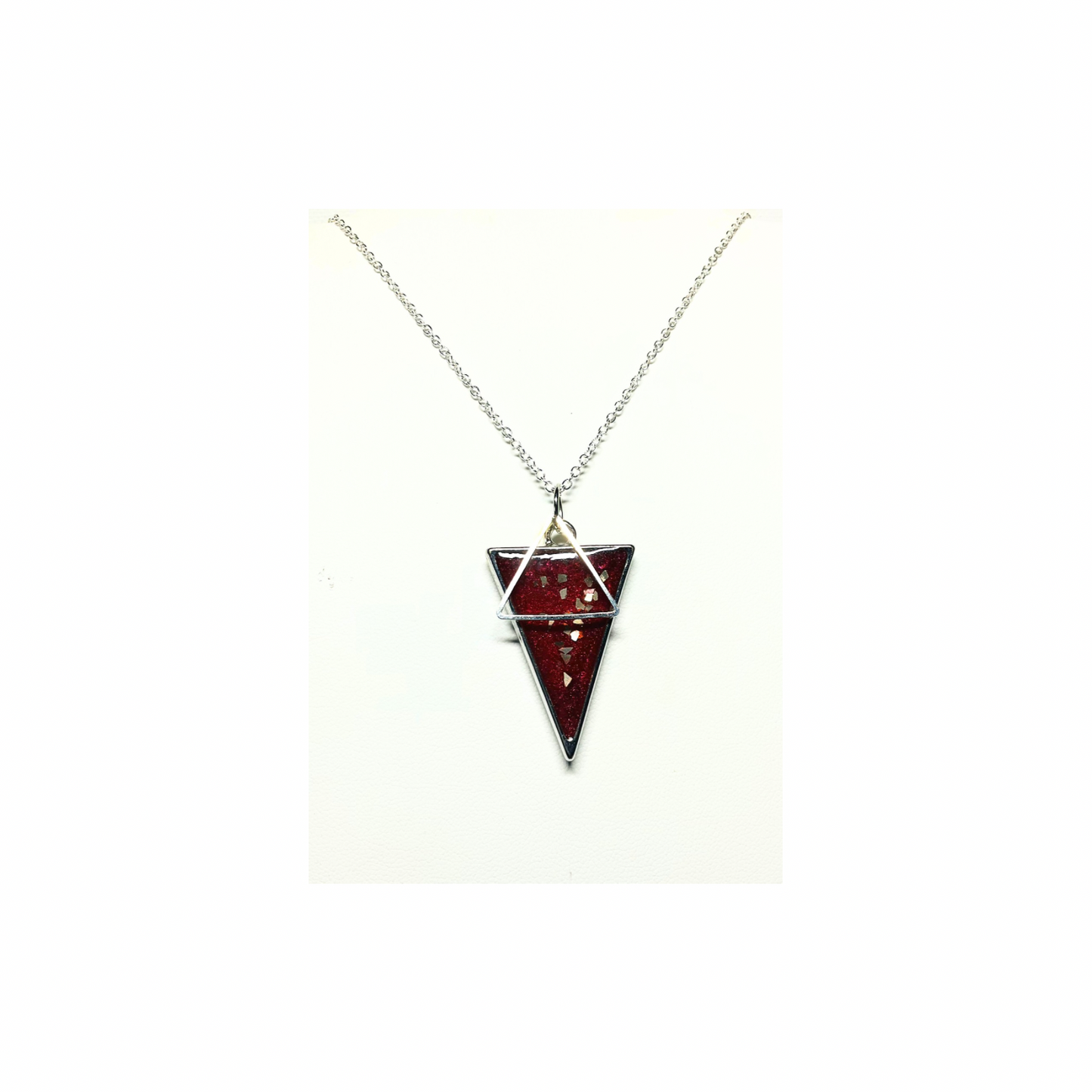 Deep Red and Silver Triangle Necklace with 18-inch Silver Chain Elegant Jewelry Accessory
