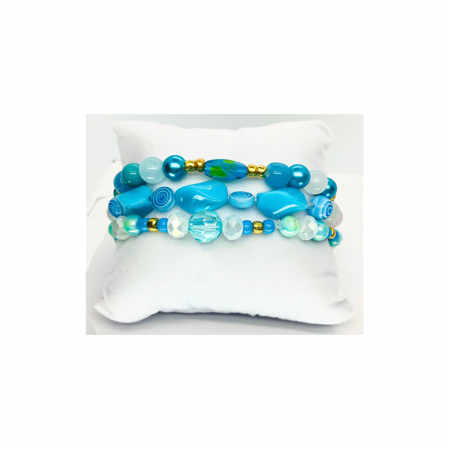 Turquoise Blue and Gold Stacked Stretch Bracelet Set of Three with Beaded Design and Gold Accents