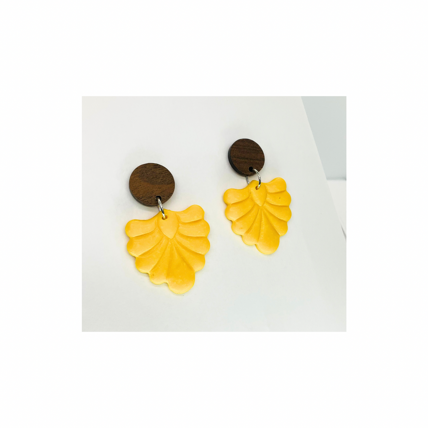 Fall Collection Yellow Dangle Earrings with Wood Button Studs Unique Design Fashion Accessory