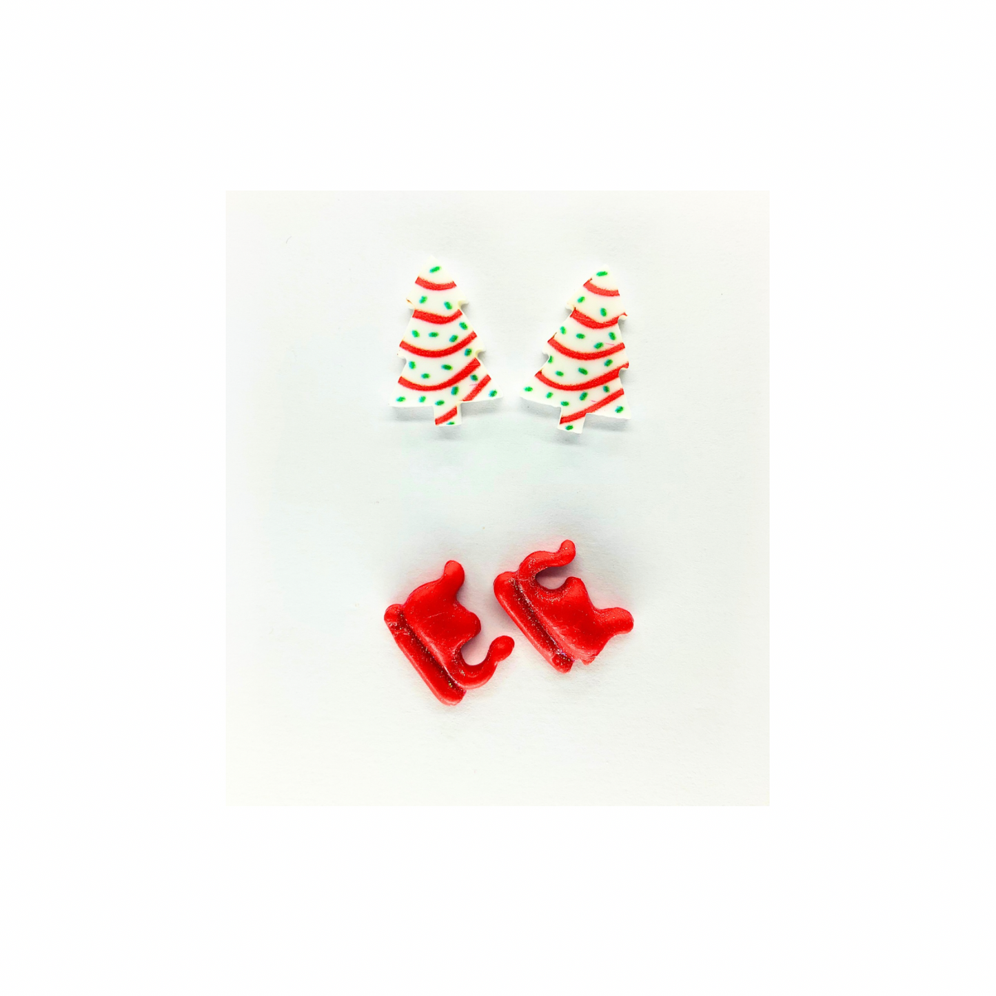 Debbie Cake Tree and Red Sleigh Stud Earrings Festive Christmas Design for Holiday Wear