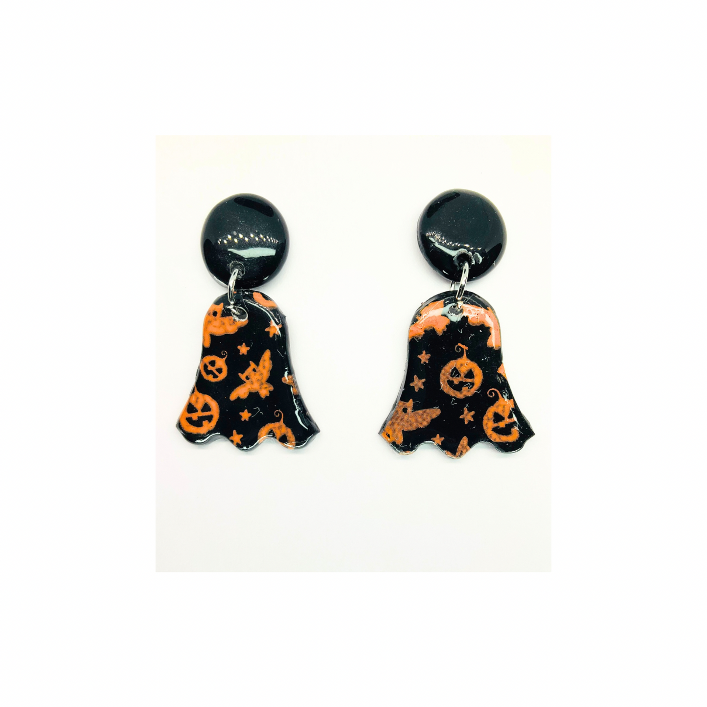 Fall Collection Black and Orange Ghost with Stud Button Dangle Earring Halloween Design