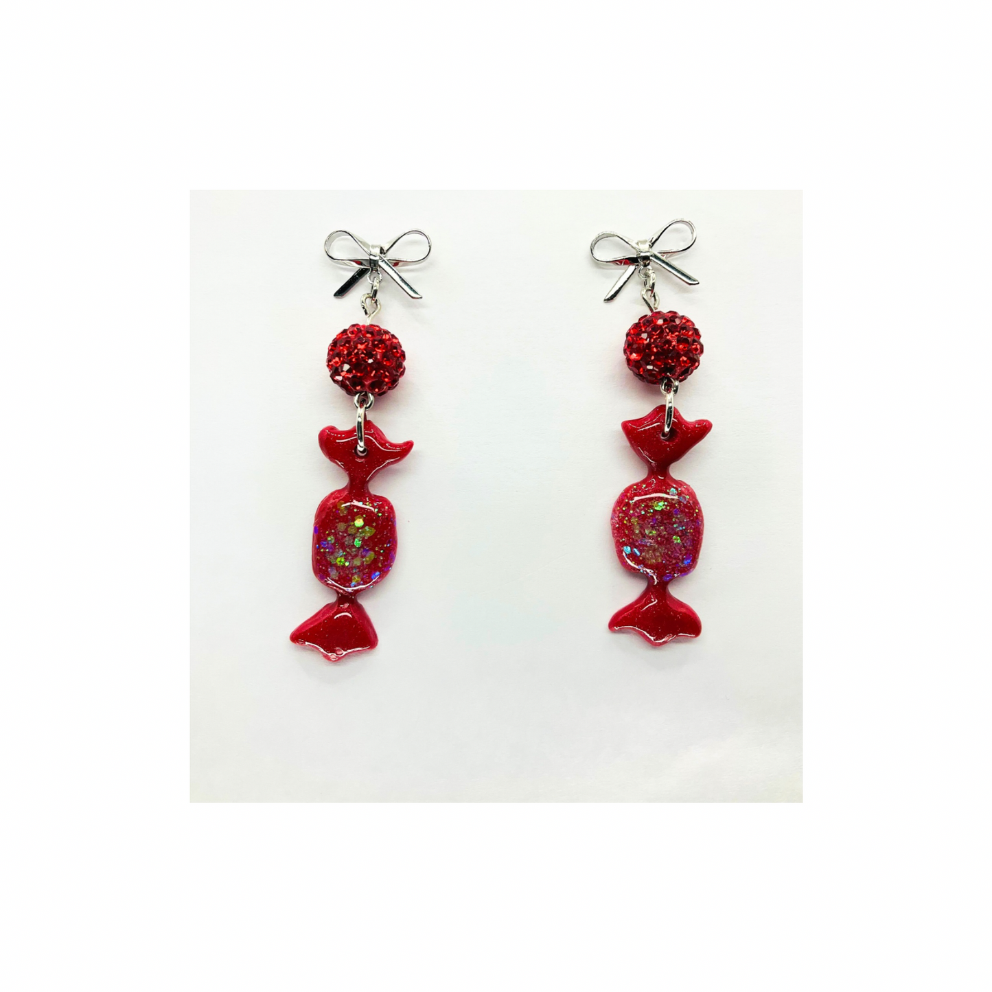 Red Wrapped Candy Earrings with Sparkle Beads and Silver Bow Studs Dangle Design for Festive Wear