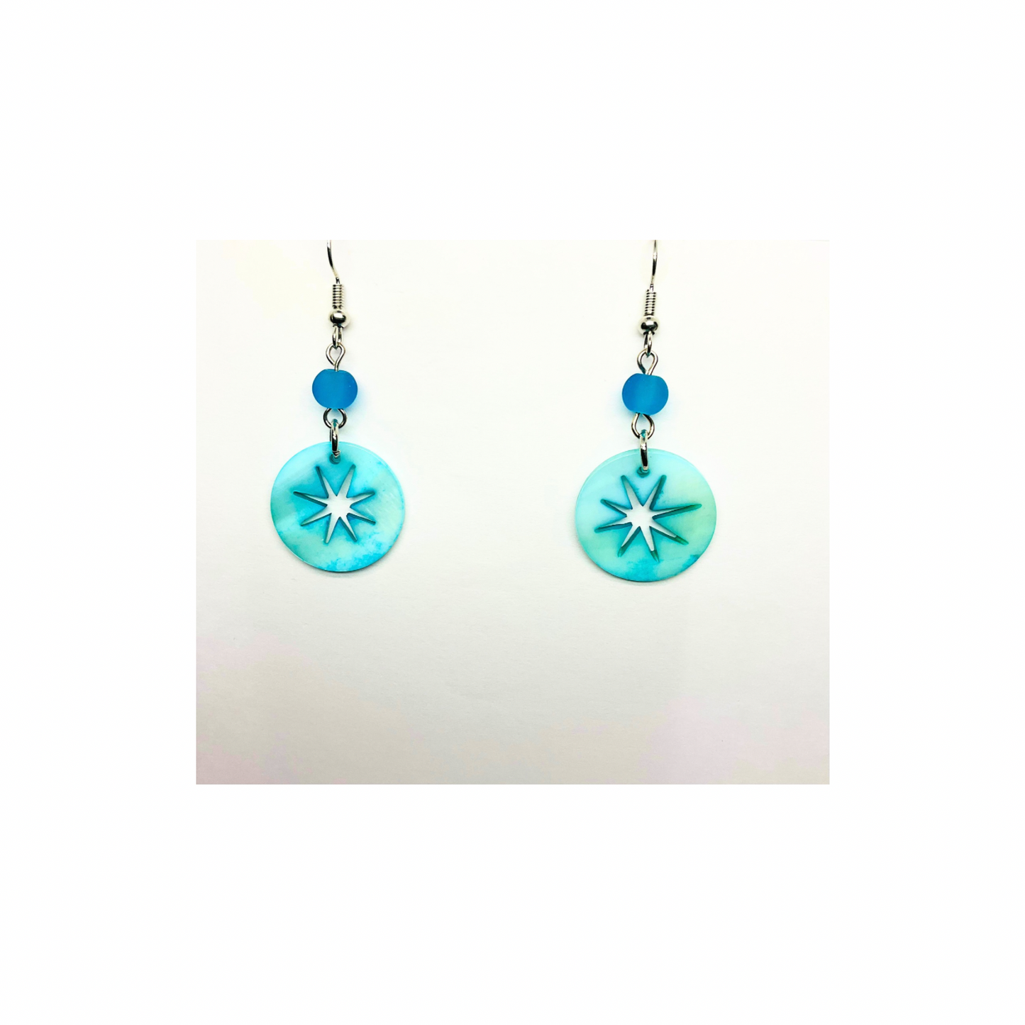 Ocean Collection Flat Round Capiz Star Shell Dangle Earring with Turquoise Color and Blue Accent Bead for Female