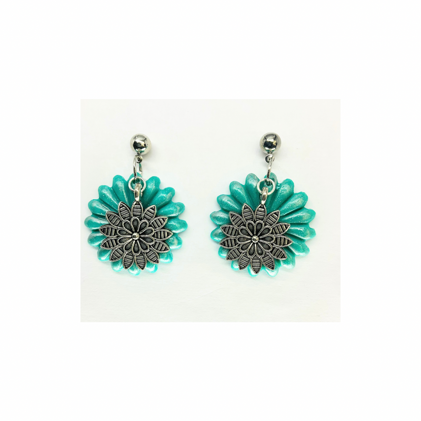 Turquoise Flower Dangle with Silver Flower Charm on Ball Silver Ball Stud Earrings-Crafting By BB