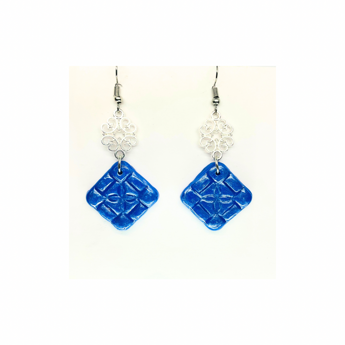 Blue Tile 133 with Silver Charm Dangle Earrings - Square Design & Blue Color Only