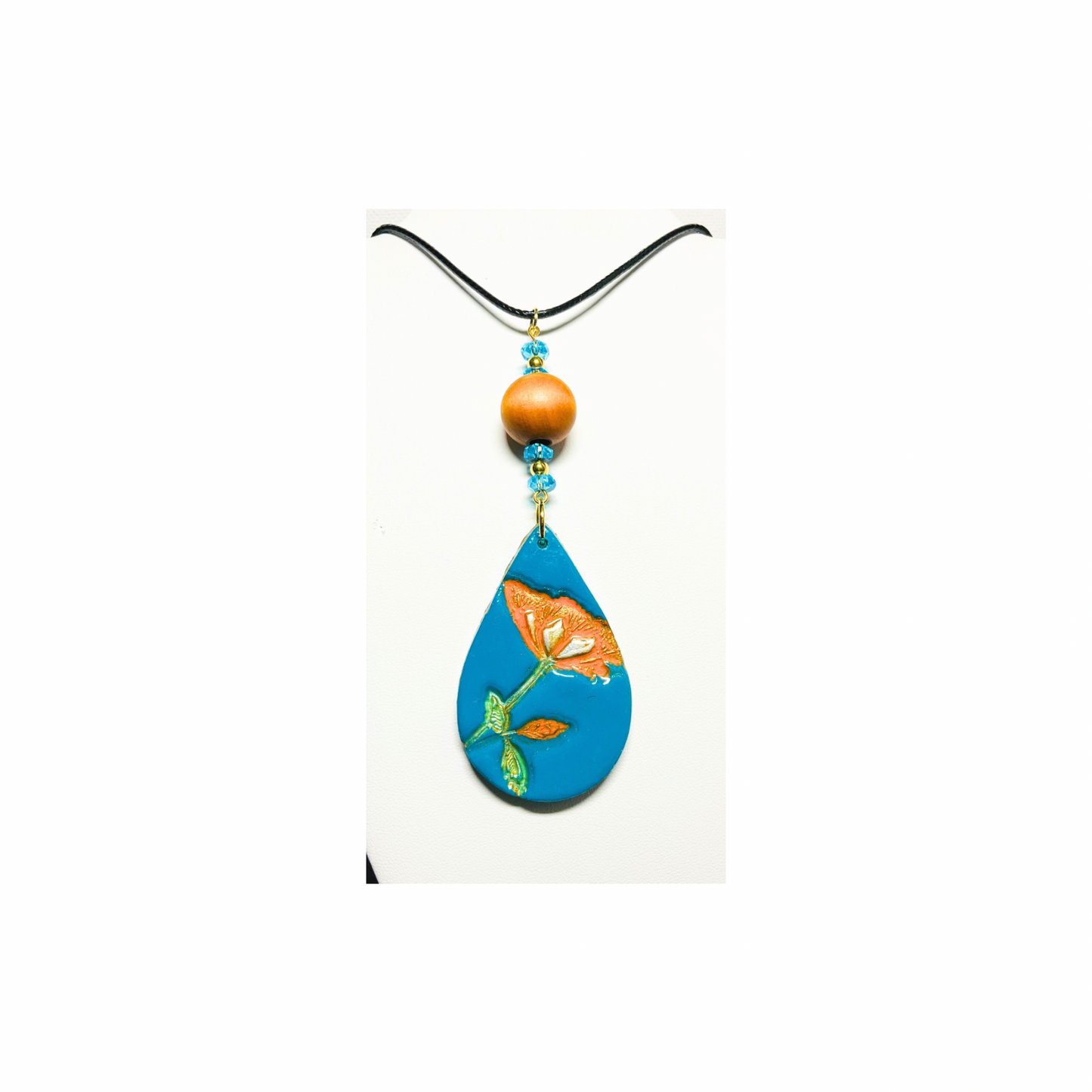 Turquoise Blue with Orange Flower Teardrop Pendant 18-inch Necklace - Unique Design Jewelry Piece