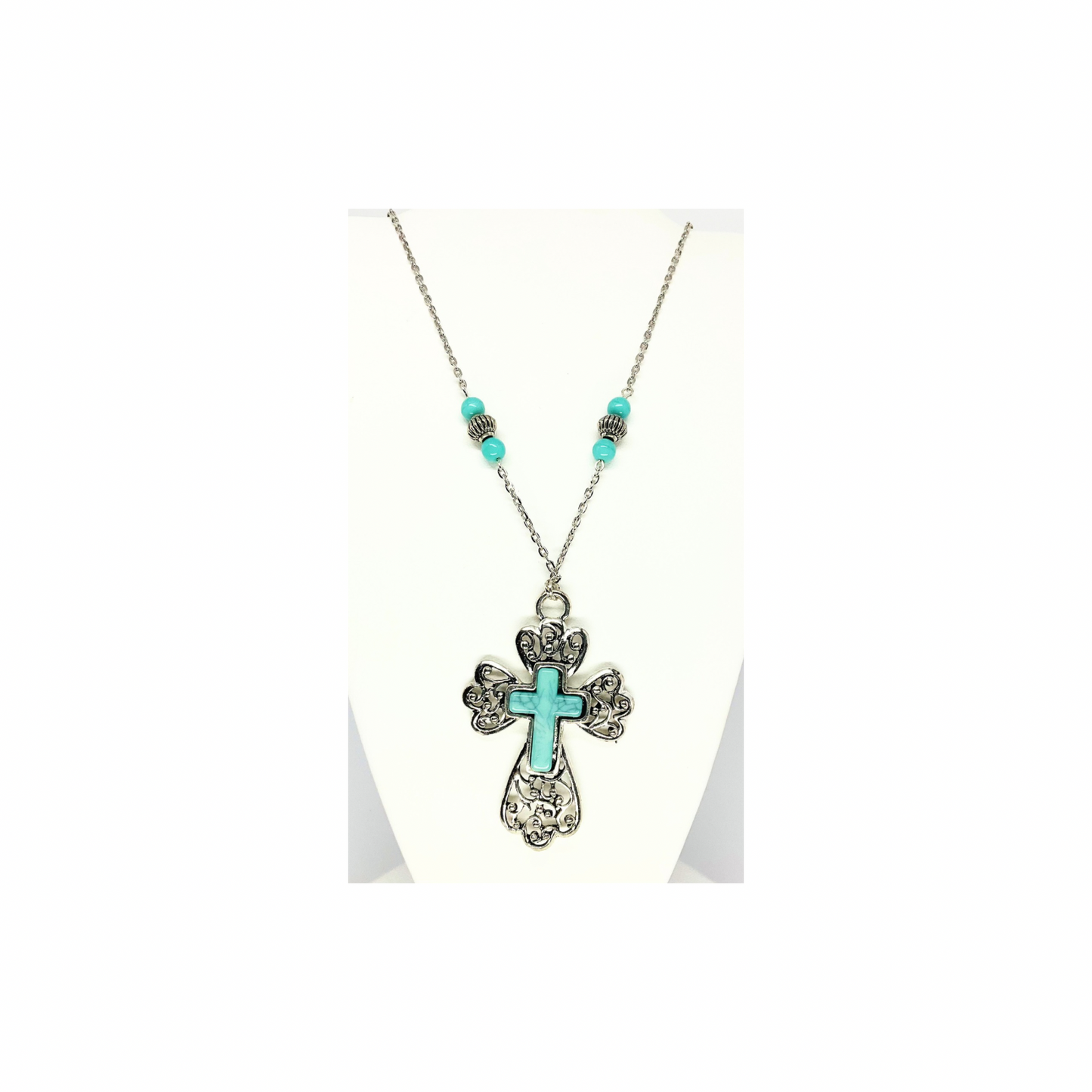 Long Turquoise and Silver Cross Necklace|Drop Length 18-inch|Crafting By BB