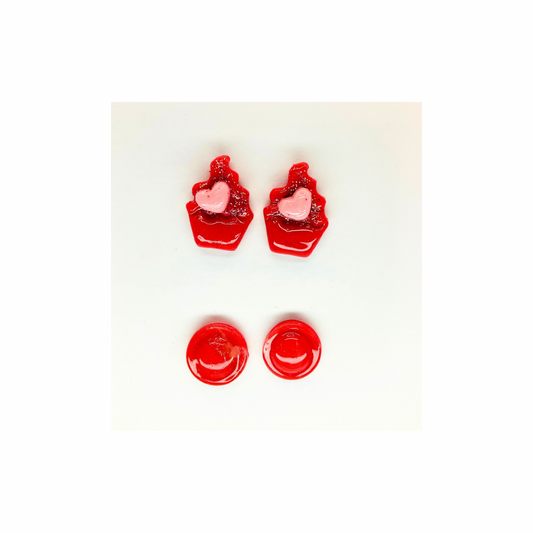 Red Cupcake and Red Translucent Button Stud Earrings