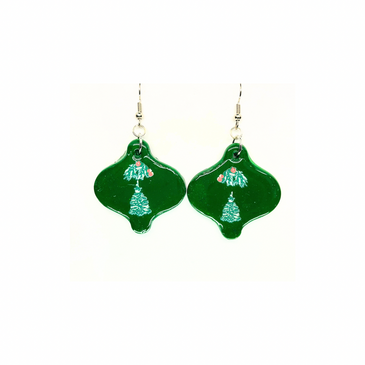 Christmas in July Collection Green Ornament with Tree Embellishment Dangle Earrings Festive Design