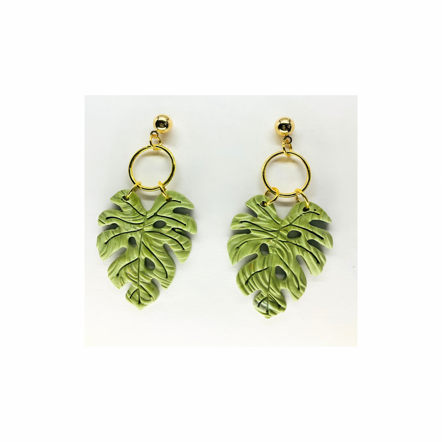 Green Leaf Dangle with Gold Ball Stud Earring-Crafting By BB