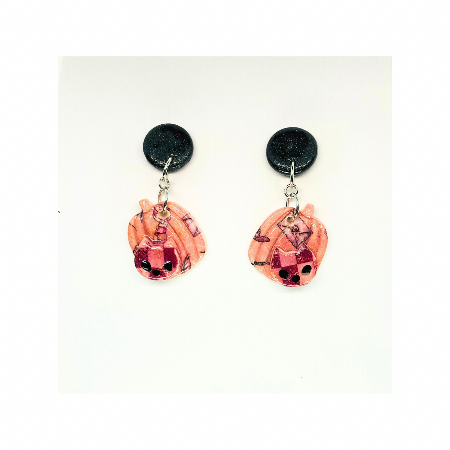 Wizard Collection Pumpkin with Cat Pink Dangle Earrings - Unique Design with Cat Accent