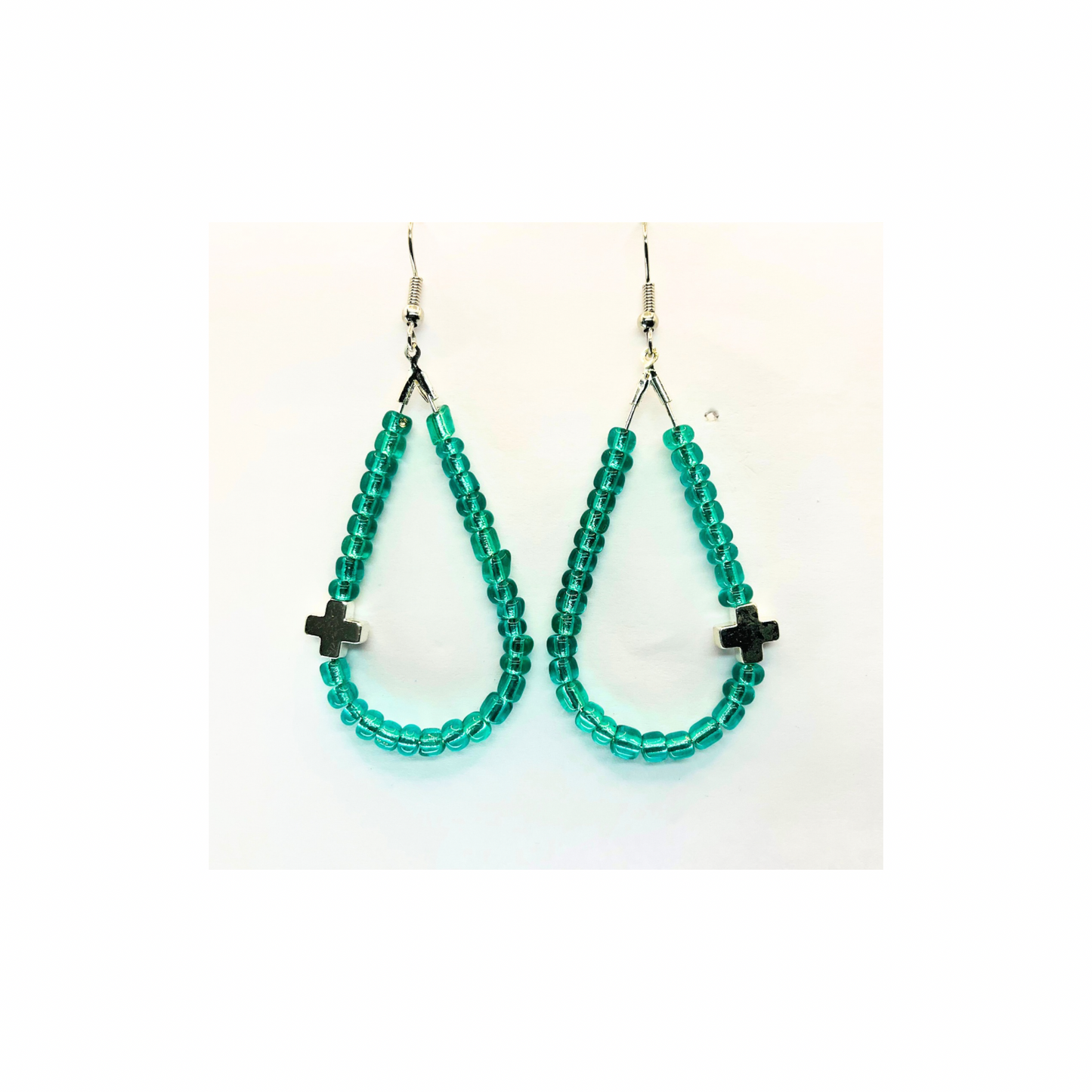 Teardrop  Glass Turquoise Seed Beads with a Silver Cross