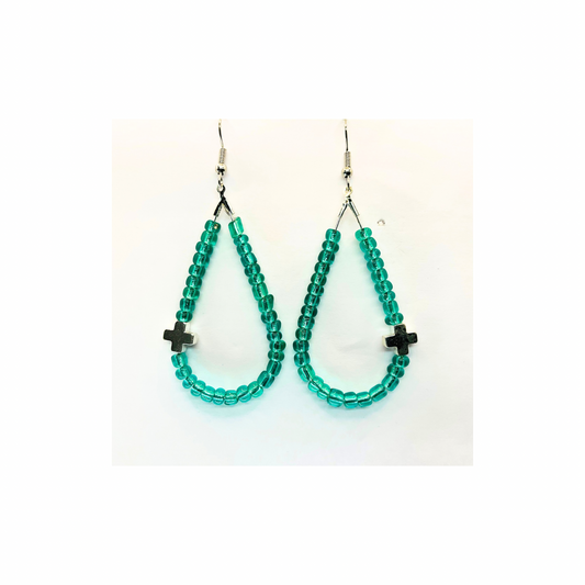 Teardrop  Glass Turquoise Seed Beads with a Silver Cross