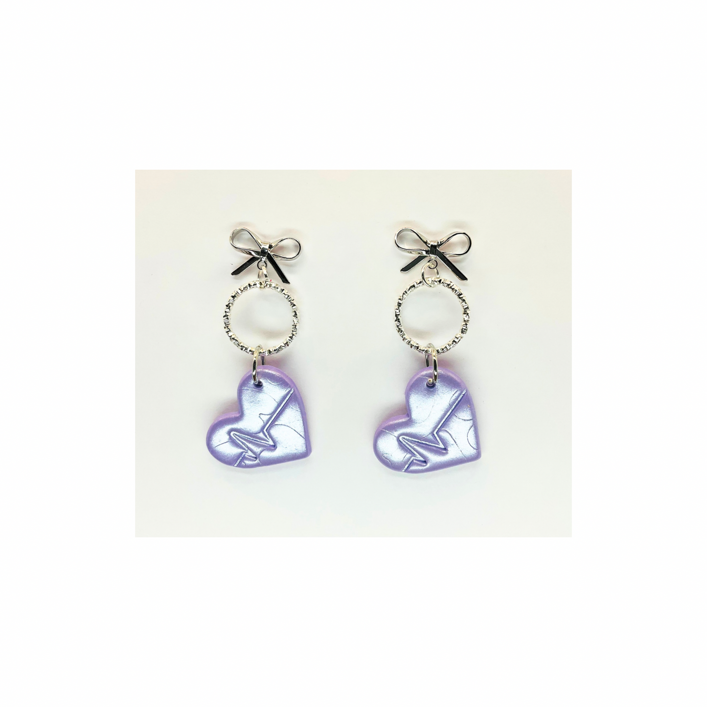 Light Purple Iridescent Heart Dangle with Silver Stud Bow Earrings