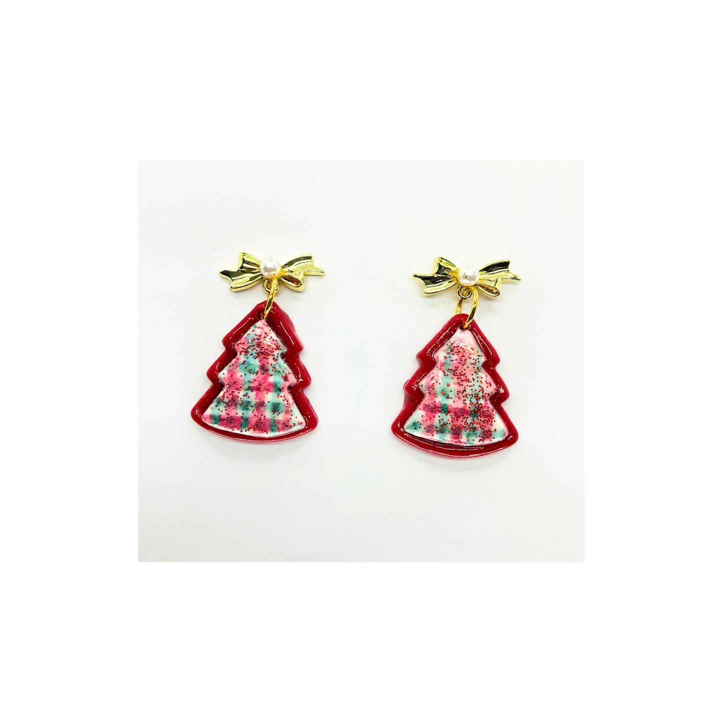 Sparkly Red Plaid Tree Dangle Earrings with Gold Bow Studs