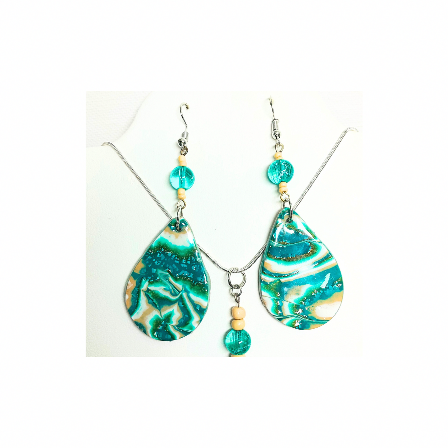 Faux Oyster Turquoise Necklace & Earring Set - Handmade with Polymer Clay & Beading, Unique Design