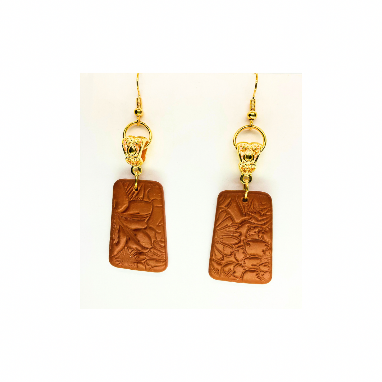 Leather Look Bronze with Gold Hoop Dangle Earrings - Rectangular Design & Gold Hooks