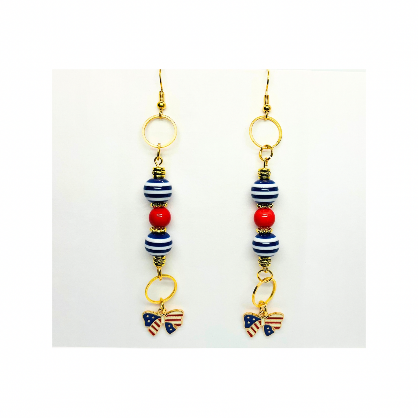 Patriotic Collection Long Beads with Bow Charm Dangle Earrings Red White Blue Striped Beads Gold Accents