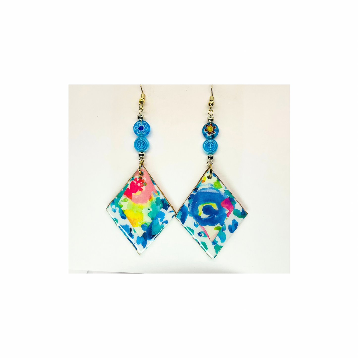 BOHO Dangle Wood Decoupage Earrings - Handmade Diamond-Shaped Floral Design with Tiny Beads & Resin Finish