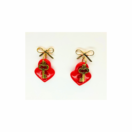Red Heart Lock Dangle with Gild Key Charm and Bow Stud Earrings-Crafting By BB