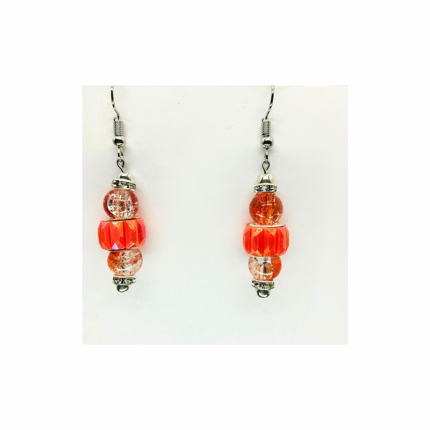 Vibrant Peach Orange Beaded Dangle with Crystal &amp; Silver