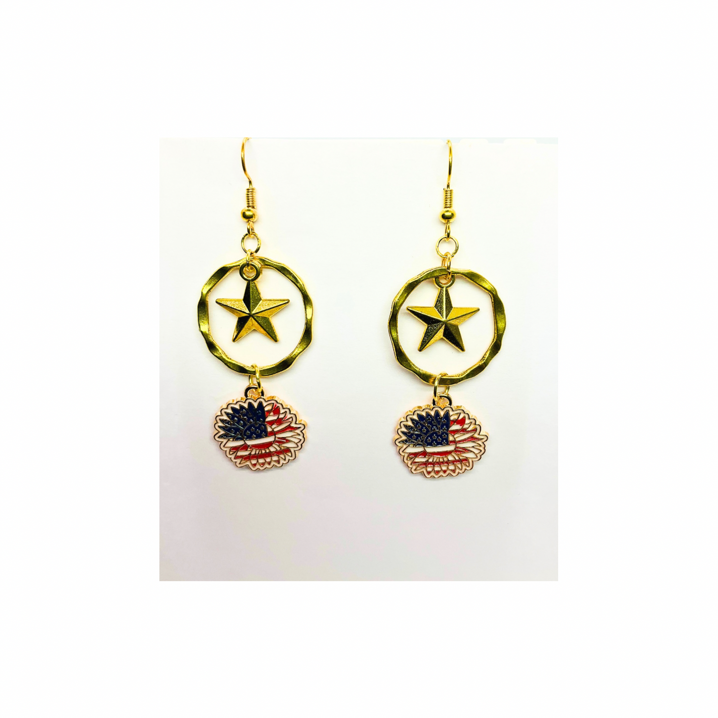 Patriotic Collection Sunflower Charm with Gold Star Dangle Earrings Featuring American Flag Design