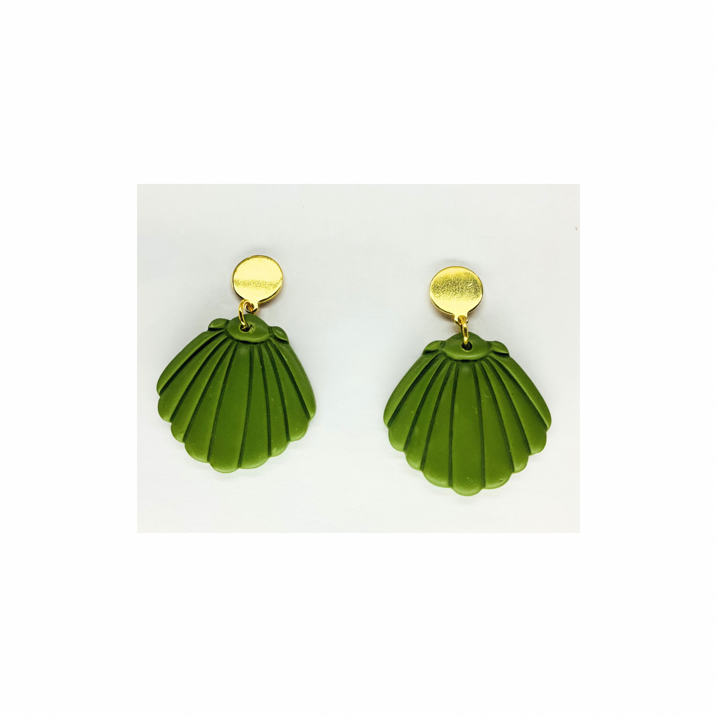 Olive Green Shell Dangle with Gold Button Stud Earrings-Crafting By BB