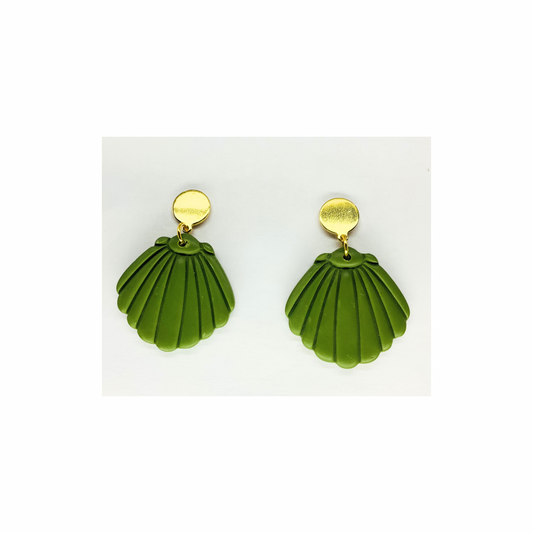 Olive Green Shell Dangle with Gold Button Stud Earrings-Crafting By BB