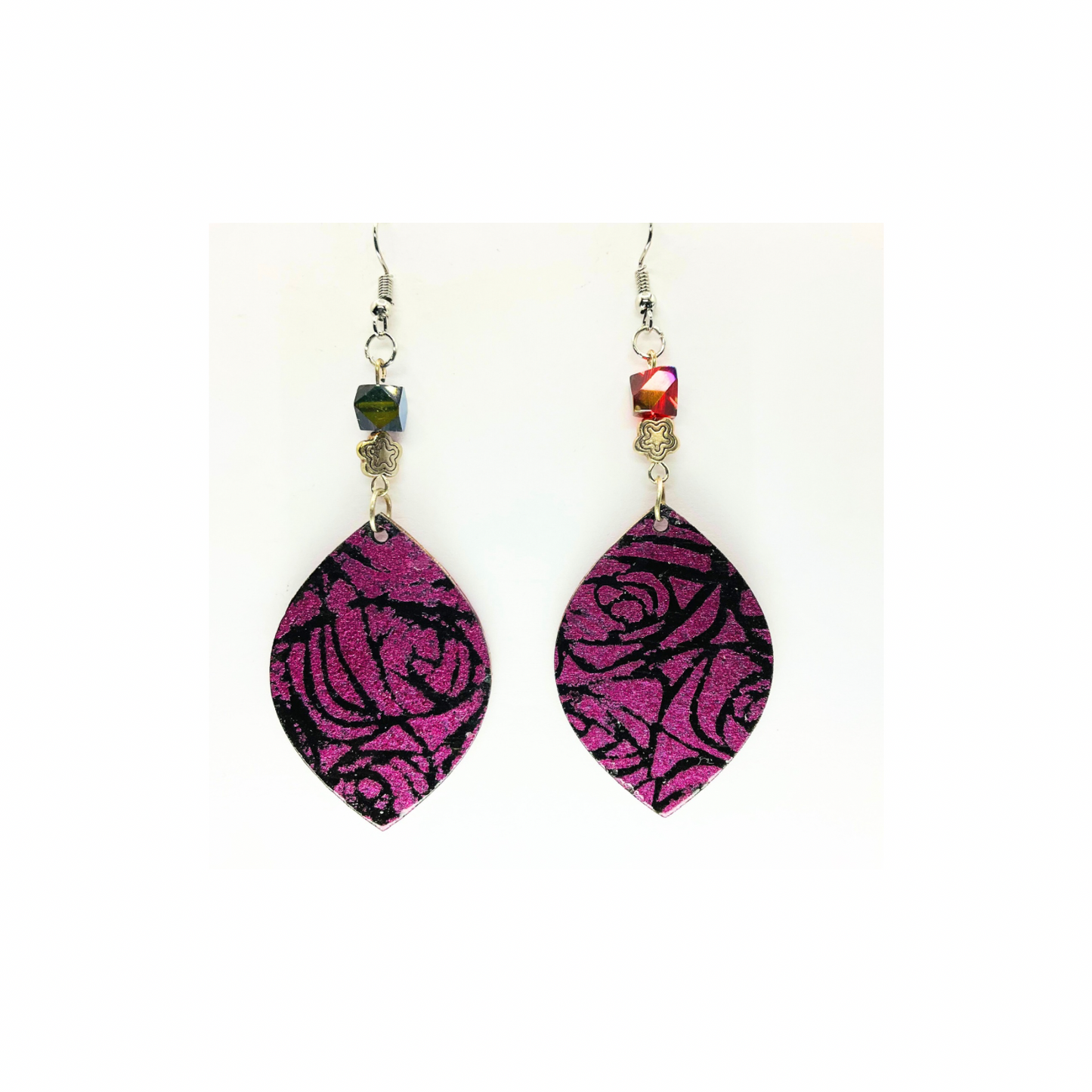 Iridescent Fuchsia Rose Dangle Earrings with Silver Flower
