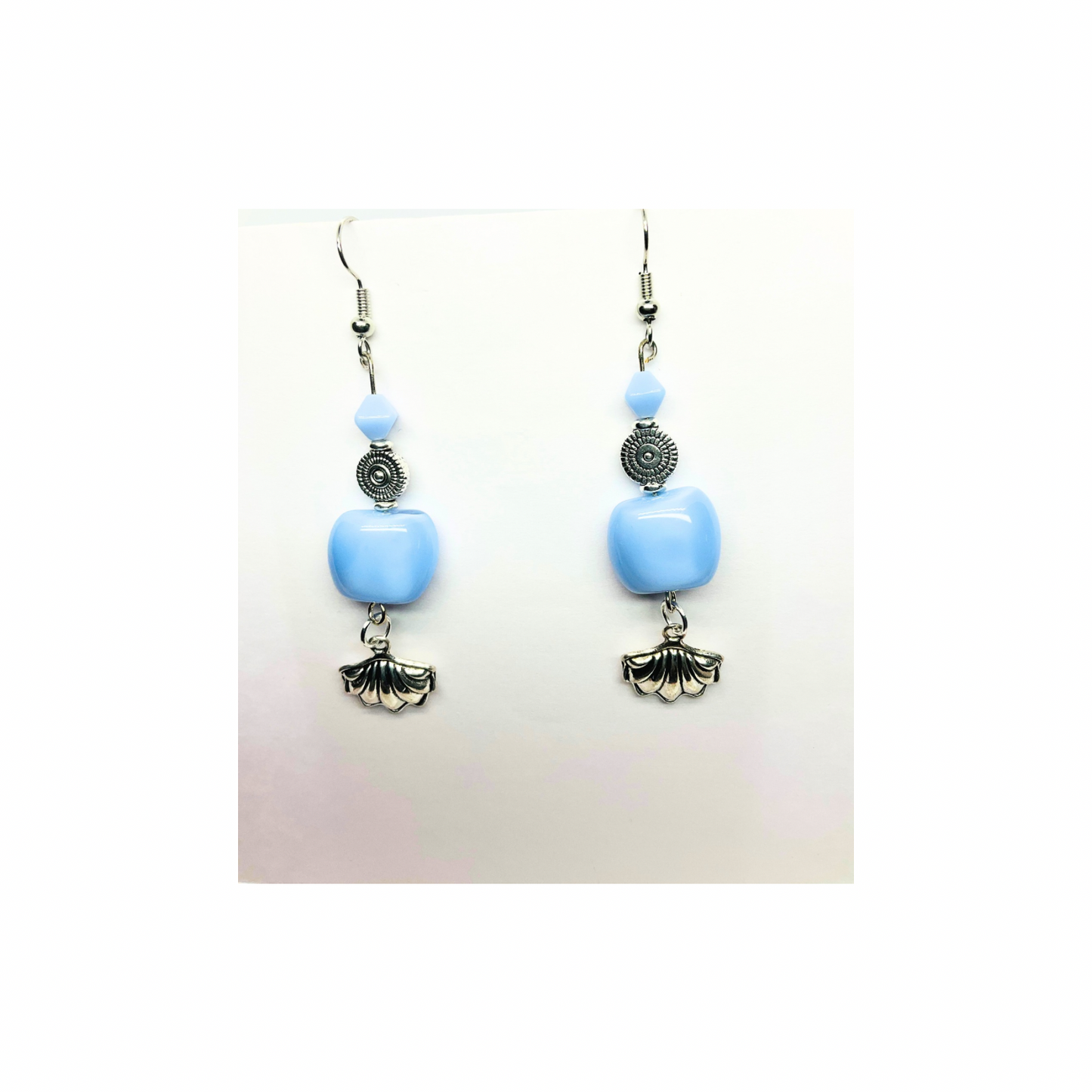 Ocean Collection Light Blue Beads with Silver Shell Charm Dangle Earrings - Stylish and Unique Design
