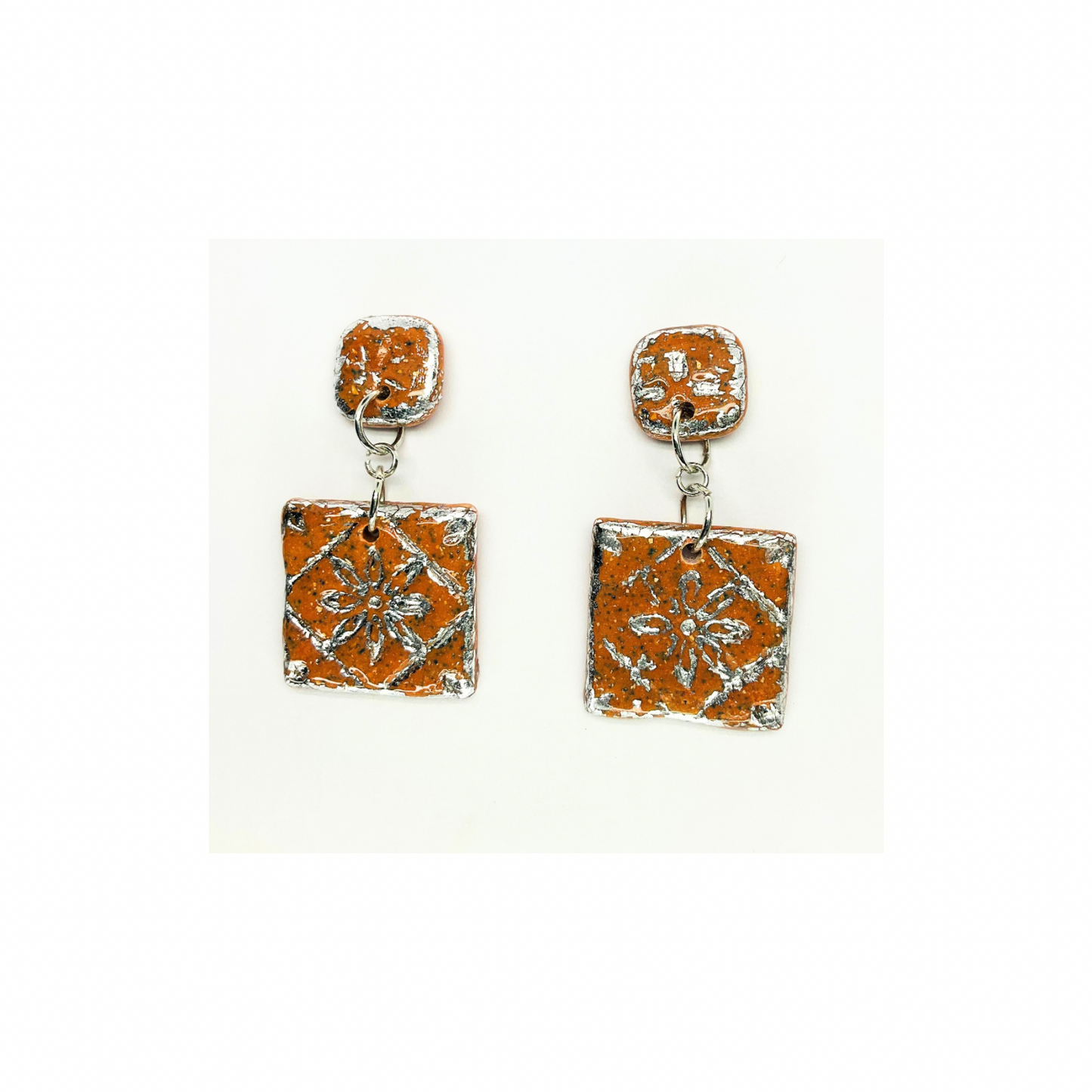 Terracotta Tile Stud with Silver Accents Dangle Earrings -  Square Design with Intricate Patterns