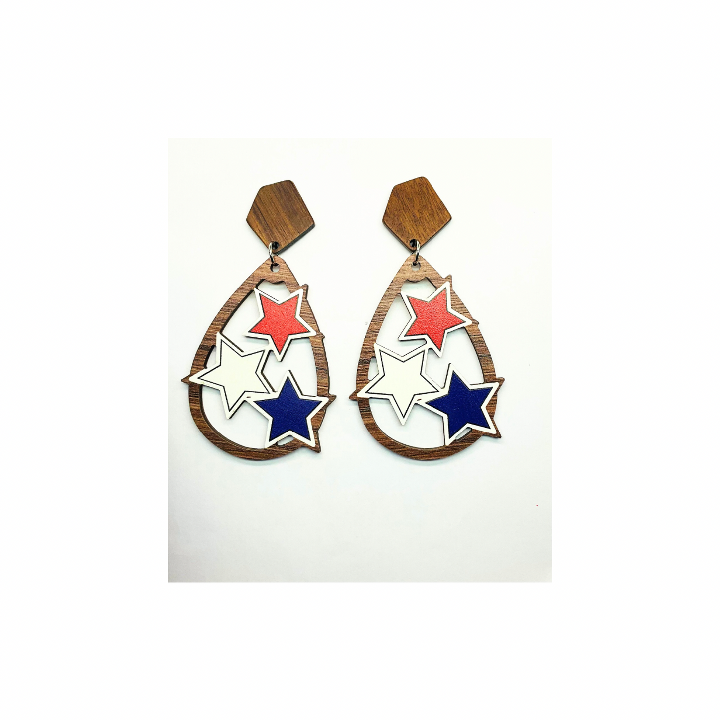 Patriotic Collection Red White Blue Wood Star Teardrop Dangle Earrings for Female Patriotic Jewelry