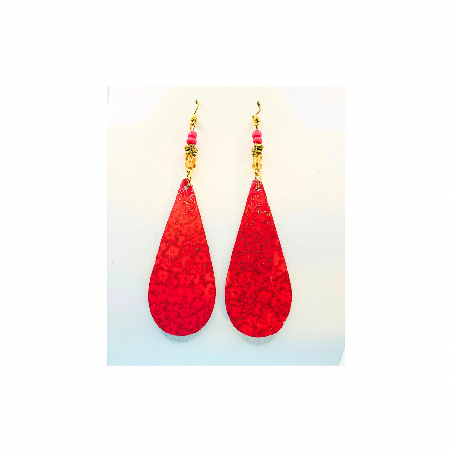 Pink and Gold Long Teardrop Lightweight Wood Dangle Earring