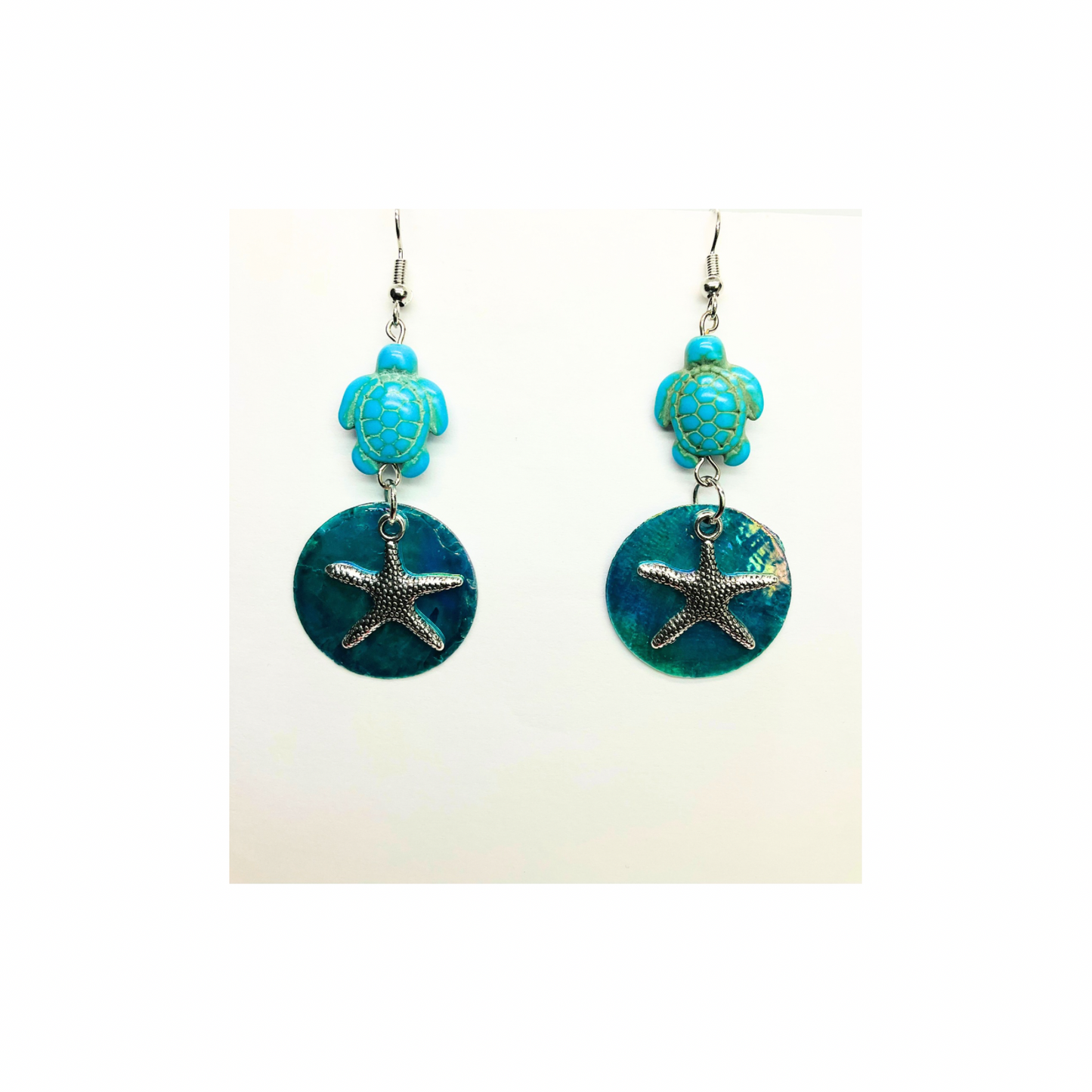 Ocean Collection Blue Flat Shell with Star Fish and Turtle Dangle Earring - Unique Sea Life Design
