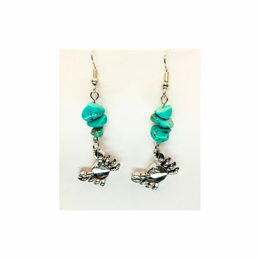 Ocean Collection Silver Crab Dangle with Turquoise Bead Earrings