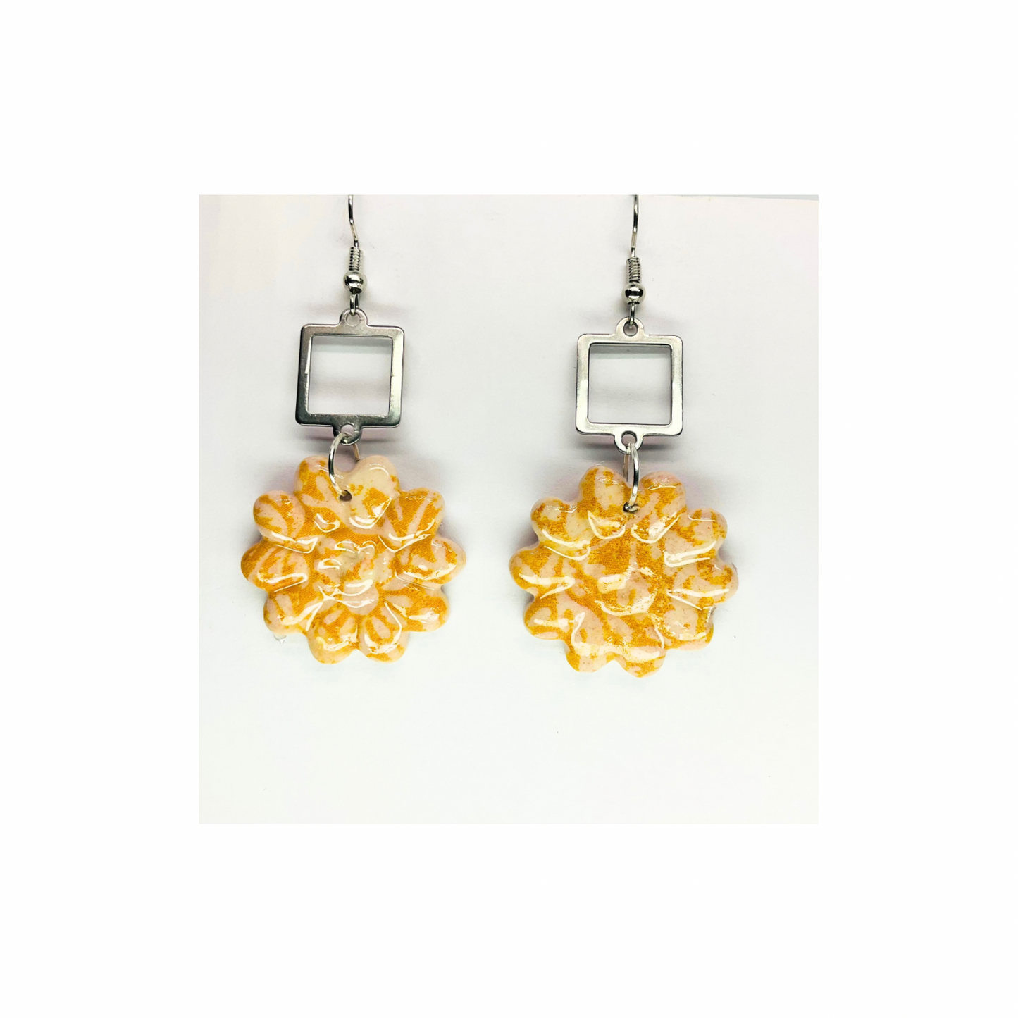Beach Bloom Collection with Silver Embellishment Dangle Earrings featuring Yellow Floral Design and Square Charms