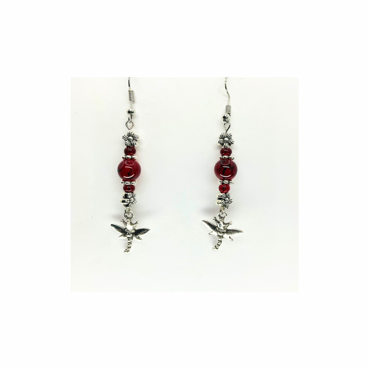 Red Crystal Glass Bead Dangle with Silver Dragonfly