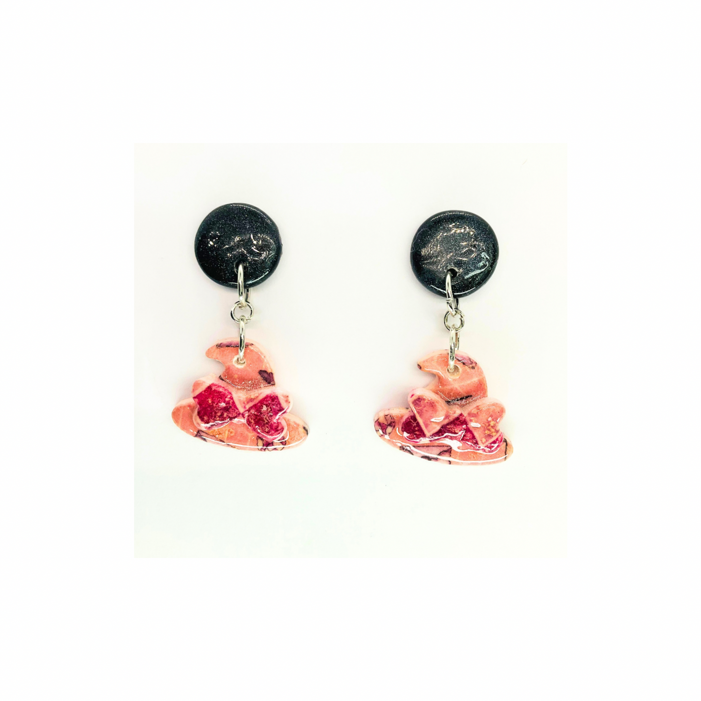 Wizard Collection Pink and Black Witch Hat Dangle Earrings with Unique Design Elements