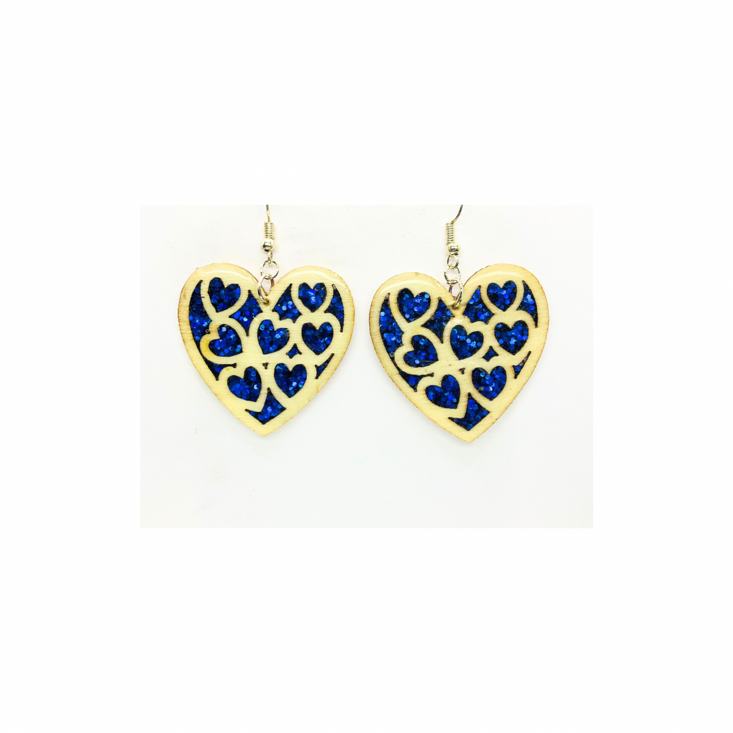 Blue Stained Glass Heart Earrings Handmade Wood Cutout with Sparkle Resin Silver Dangle Ear Hook Unique One-of-a-Kind Jewelry