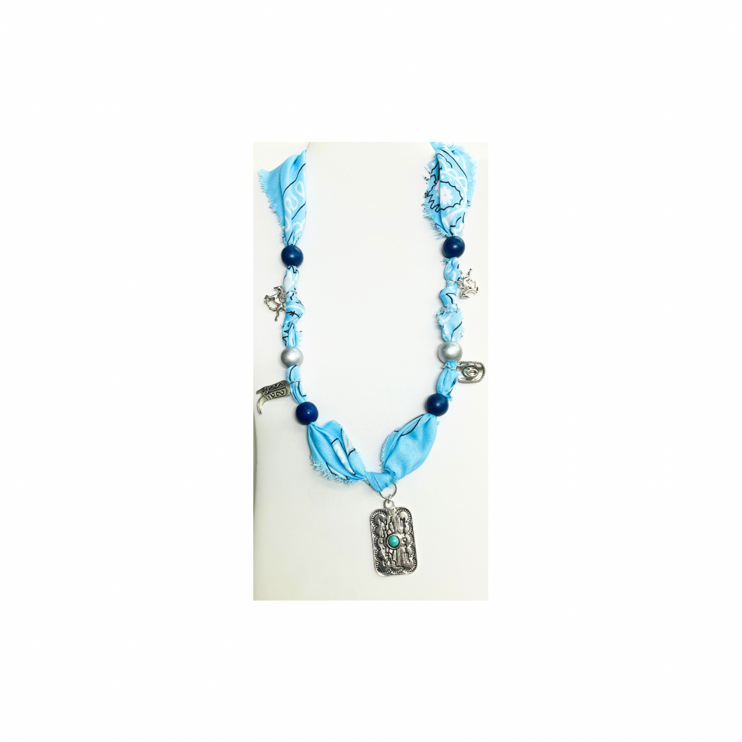 Western Style Blue 21 Inch Bandana Necklace with Silver Charms and Blue and Silver Wood Beads for Stylish Outfits