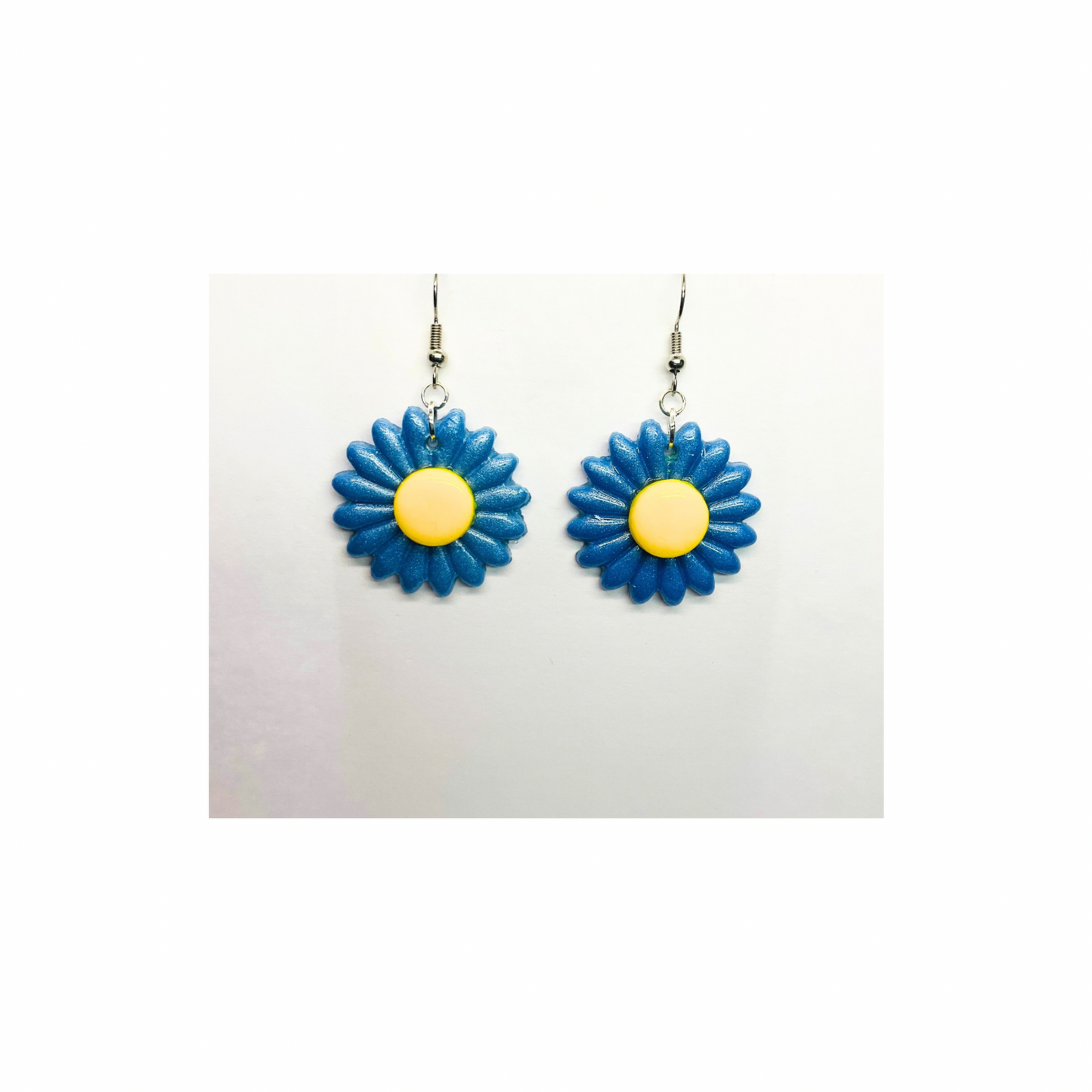 Blue Sunflower Dangle Earring with a Yellow Center
