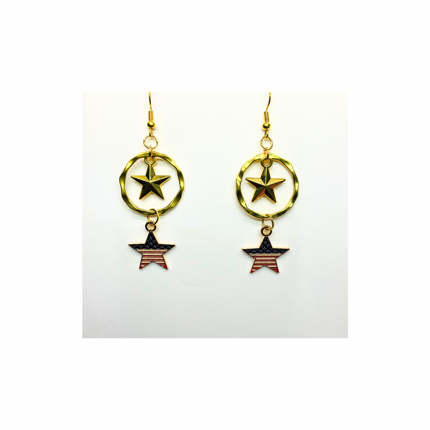 Patriotic Collection Gold Circle with Star Charm Dangle Earrings American Flag Design