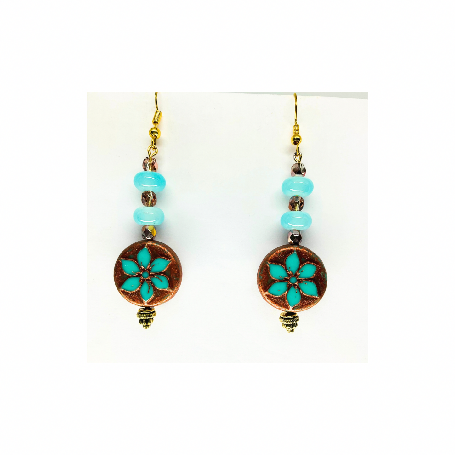 Dangle Earrings Bronze Round Blue Flower with Bead Accent