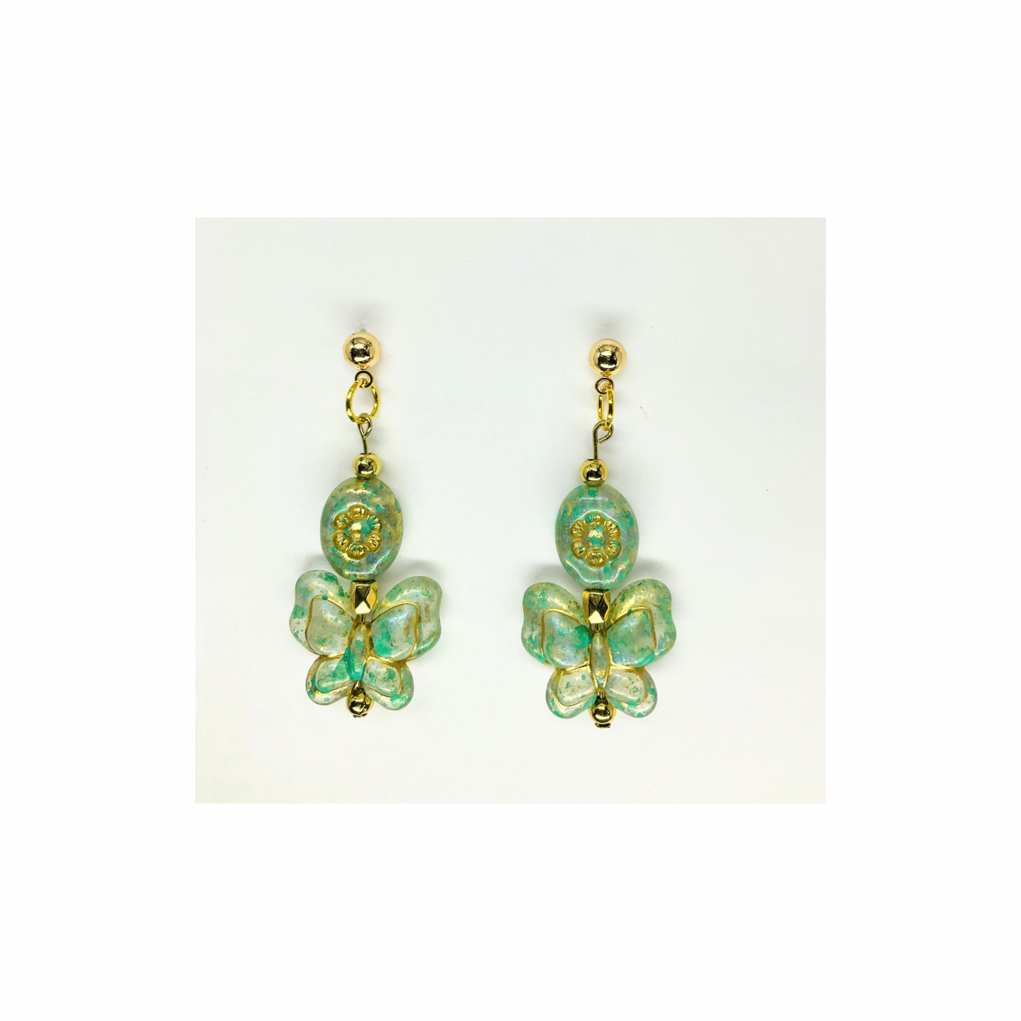 Green and Gold Bohemia Czech Butterfly Beads with Gold Ball Stud Dangle Earrings-Crafting By BB