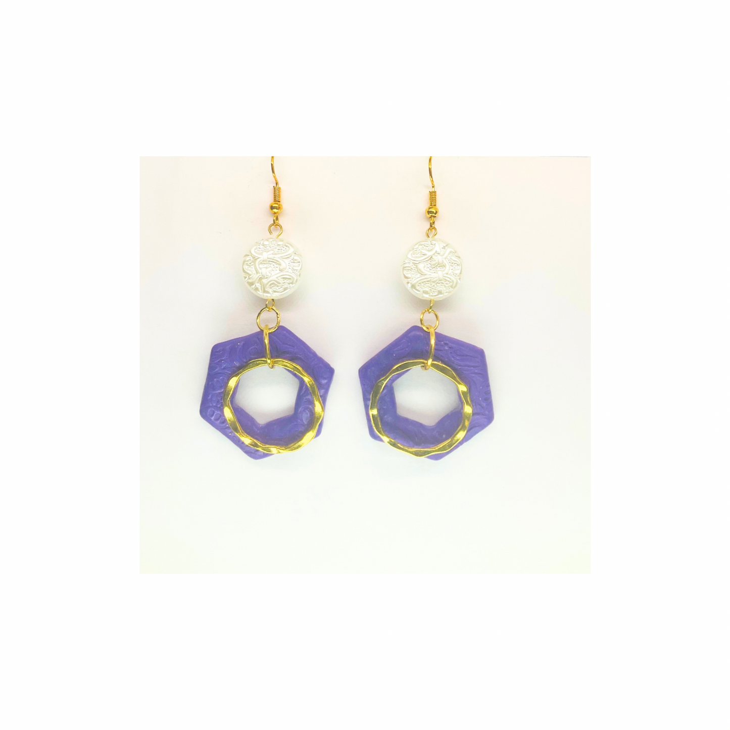 Deep Purple Hexagon and Gold with Pearl Bead Dangle Earring - Unique Design Earrings with Geometric Shapes