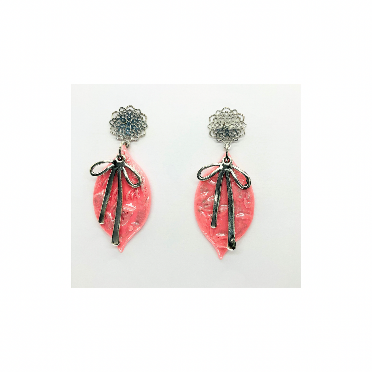 Pink Ornament with Silver Bow and Filigree Stud Dangle Earrings for Women's Fashion Accessories