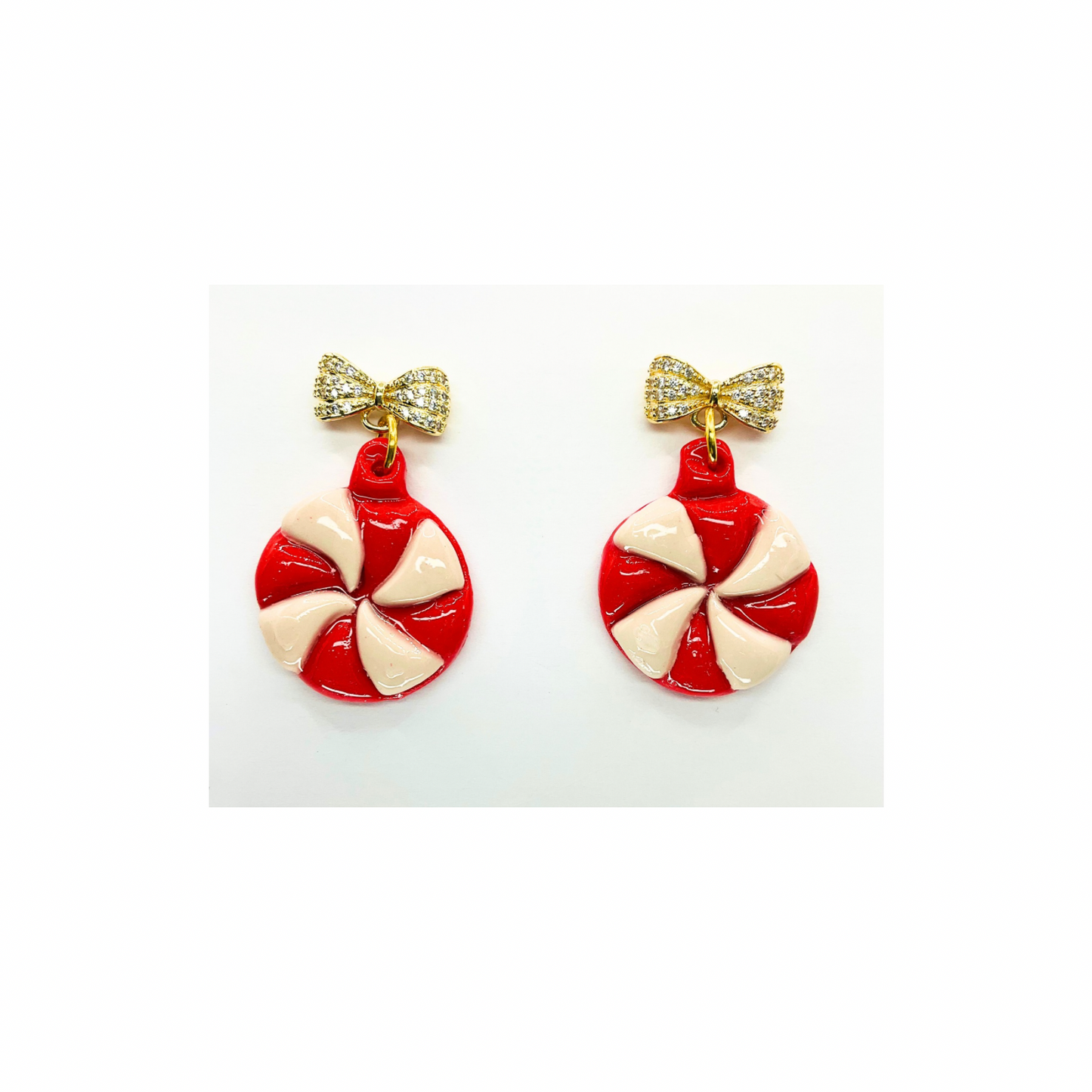 Starlight Peppermint with Gold Rhinestone Bow Stud Dangle Earrings Red & White Candy Design