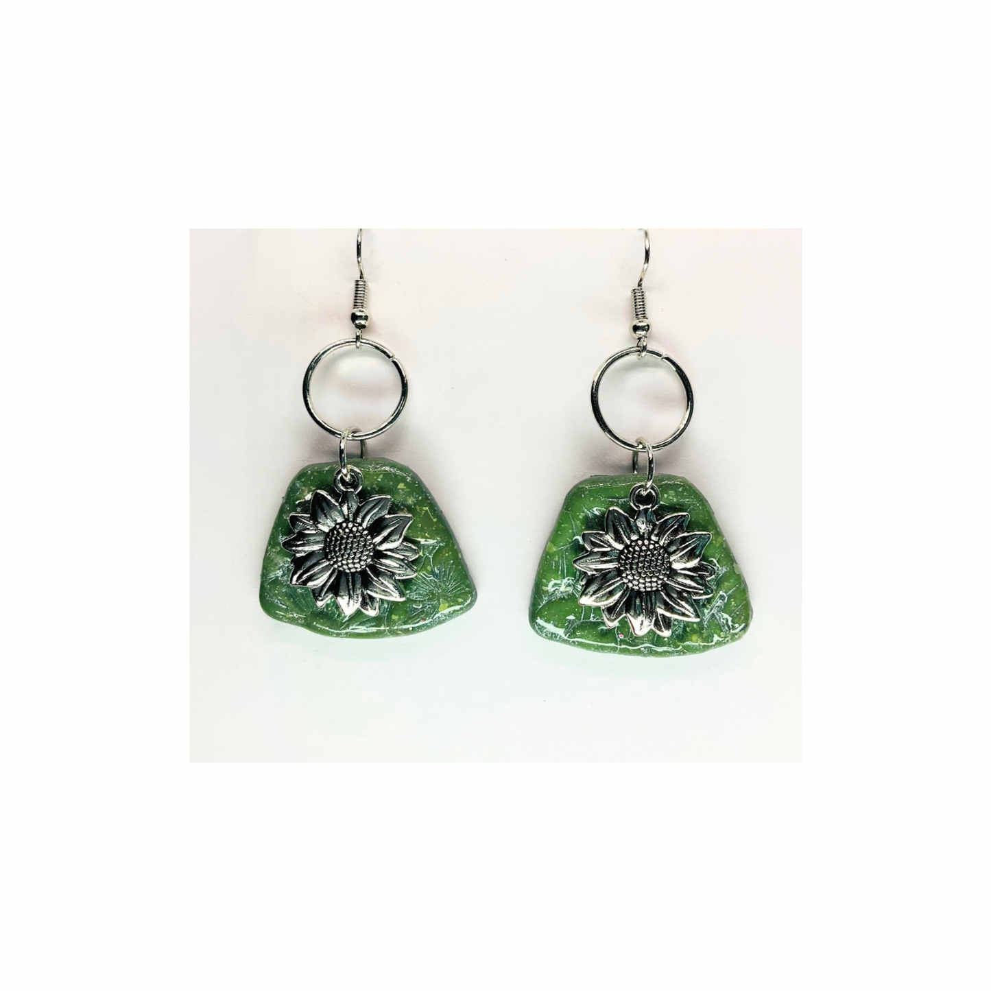 Jade Green and Silver with Sunflower Charm Dangle Earrings - Unique Design Jewelry Accessory