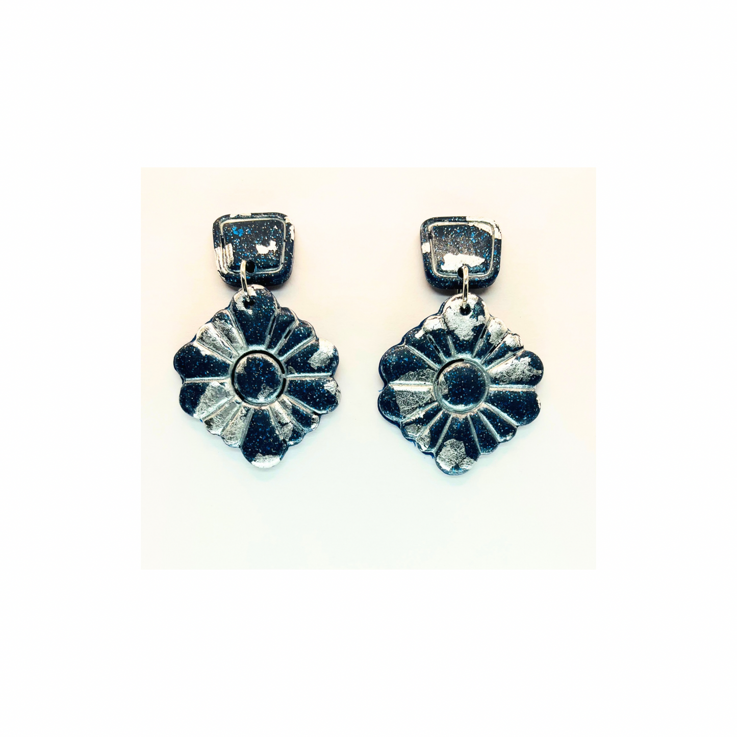 Navy and Silver Sparkle Dangle with Square Stud Earrings